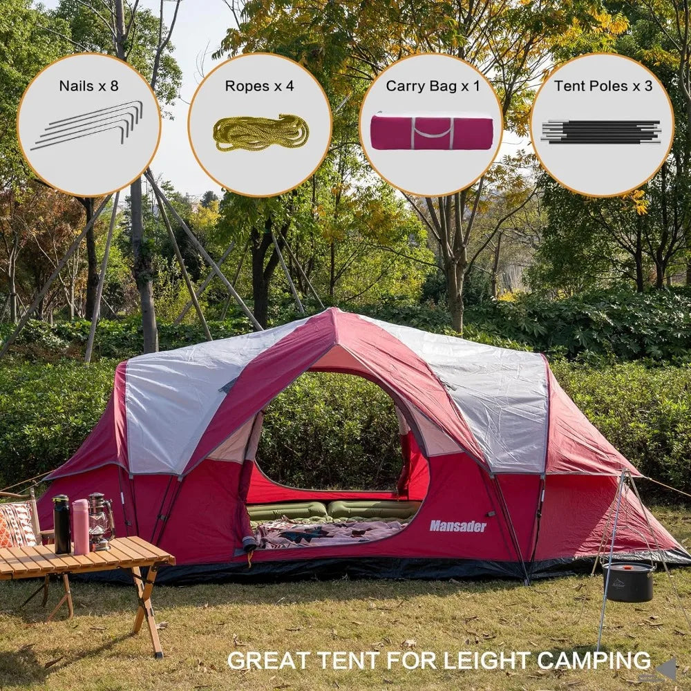 6 Person Family Camping Tent, Waterproof Windproof with Top Rainfly, Easy Set Up