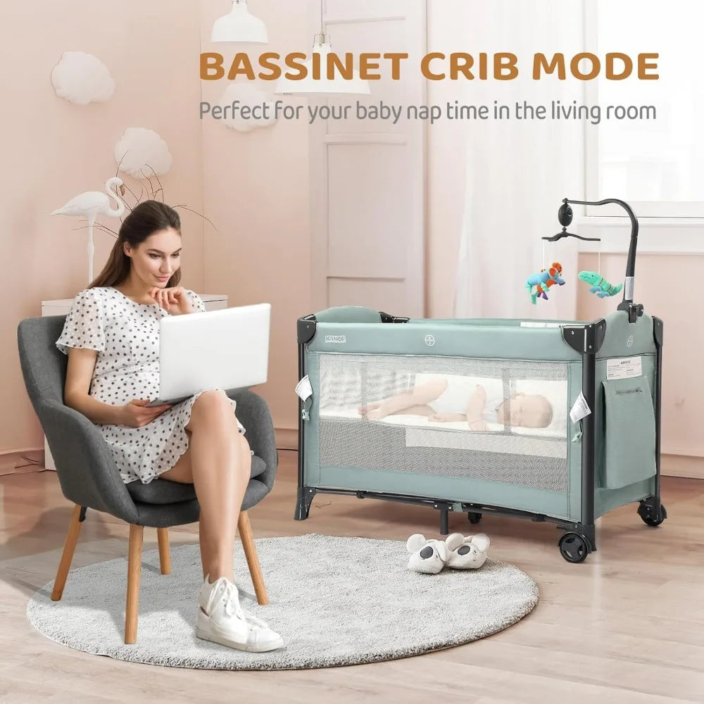 3 in 1 Baby Bed Side Sleeper with Mattress and Sheet, Convert to Bassinet, Playpen, Foldable Travel Bassinet Bed