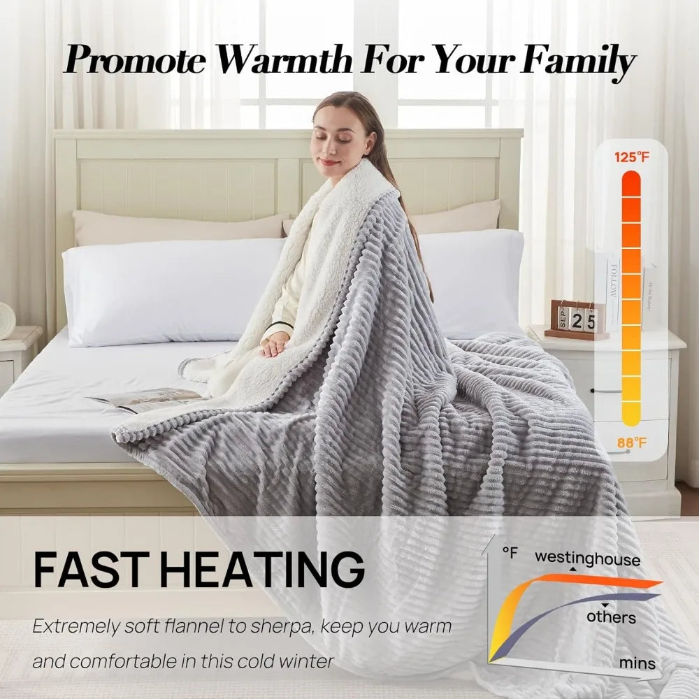 Electric Blanket Queen Size, Soft Flannel Heated Blanket with Dual Control. 10 Heating Settings & 1-12 Hours Auto Shut Off,