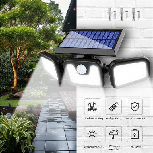 74 LED Solar Wall Lamp 3Head Luminous PIR Motion Sensor Wall Flood Light Outdoor, Waterproof Garden Courtyard Security Light