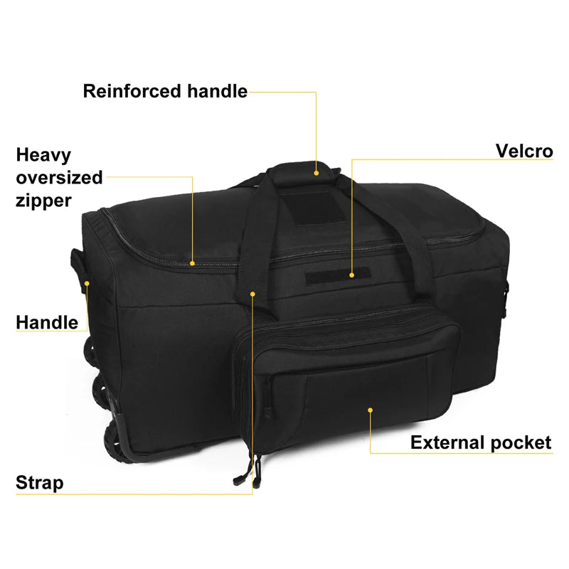 124L Large Capacity Tactical Duffel Bag, Rolling Luggage for Heavy-Duty Camping, Hiking Luggage Travel Suitcase