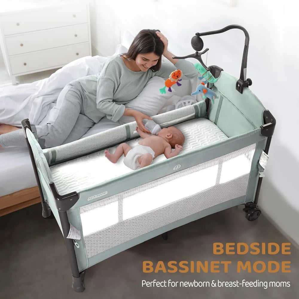 3 in 1 Baby Bed Side Sleeper with Mattress and Sheet, Convert to Bassinet, Playpen, Foldable Travel Bassinet Bed