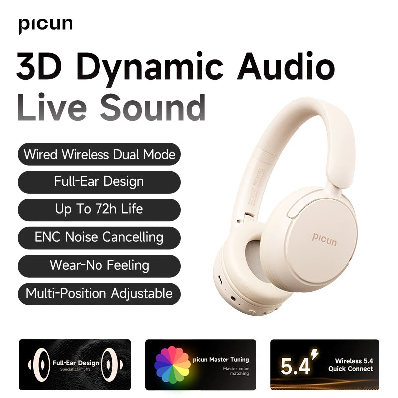 Wireless Headphones Bluetooth 5.4 HIFI Headset, 40MM 3D Sound ENC HD Mic 72H Foldable Wired Headphone Dual Connection