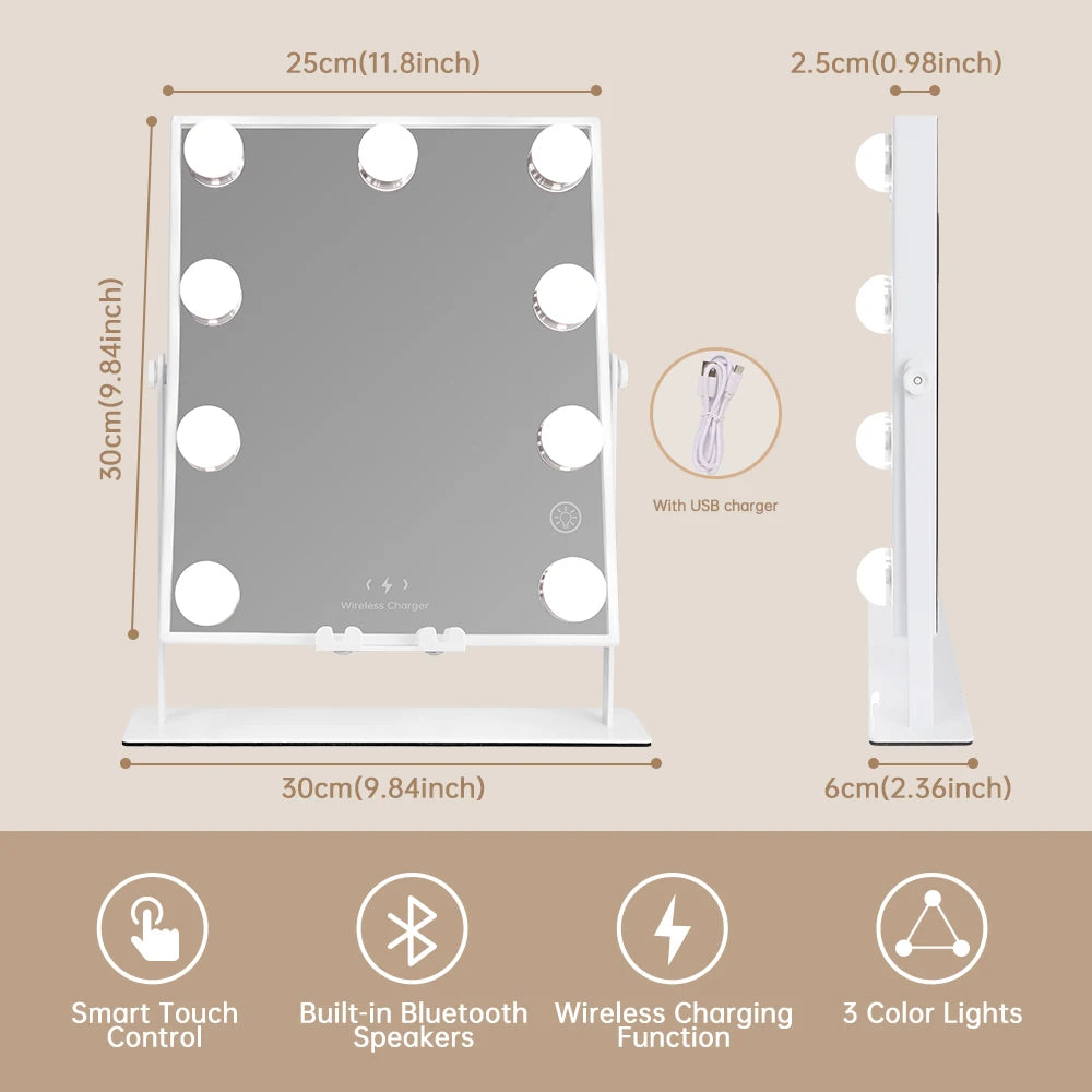 Lighted Vanity Mirror with Bluetooth and Wireless Charging Makeup Lights 9 Dimmable Bulbs 3 Color Lighting Tabletop