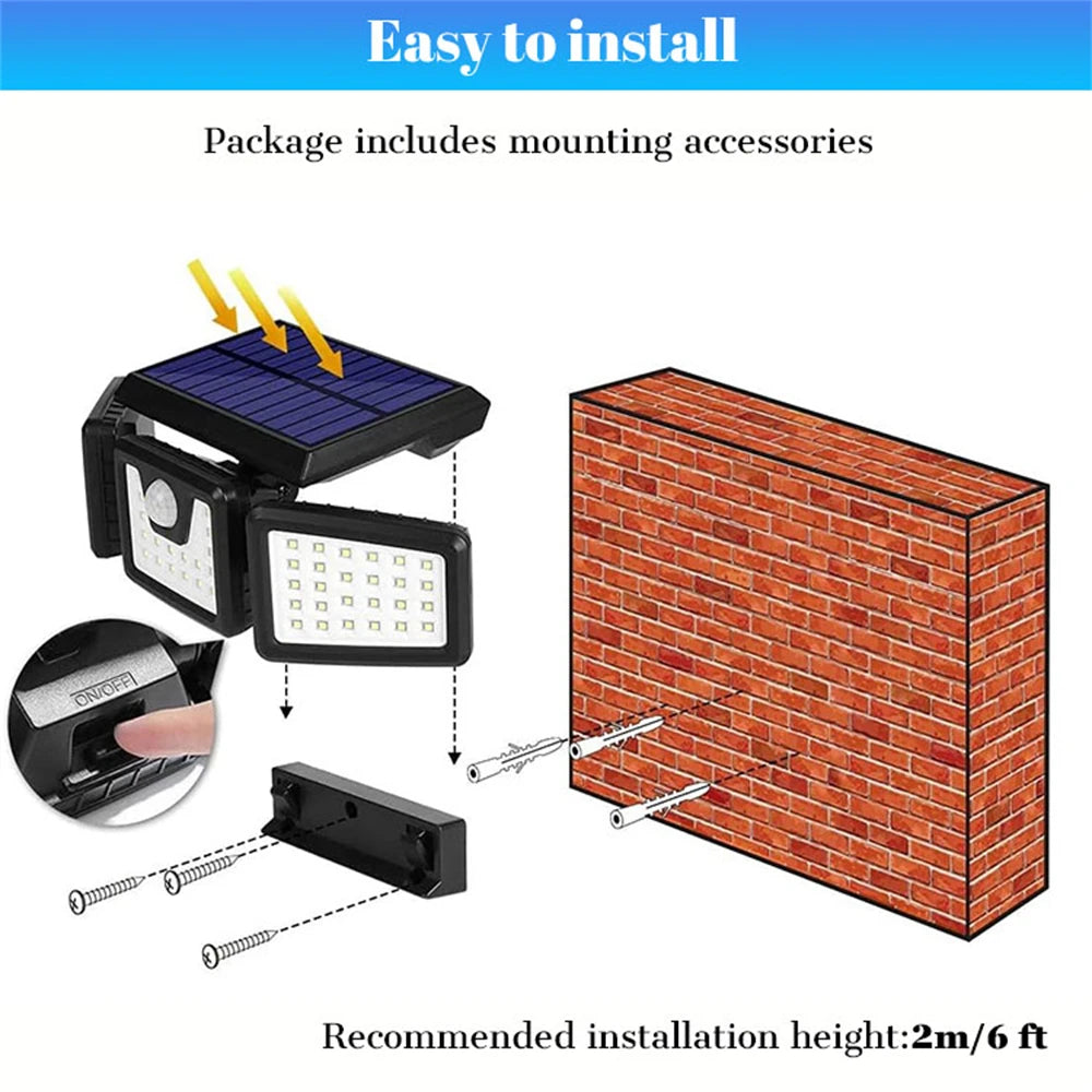 74 LED Solar Wall Lamp 3Head Luminous PIR Motion Sensor Wall Flood Light Outdoor, Waterproof Garden Courtyard Security Light