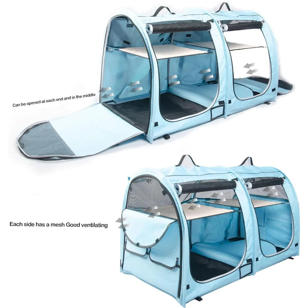 Portable Twin Compartment Show House Cat Cage/Condo - Easy to Fold & Carry Kennel - Comfy Puppy Home & Dog Trave