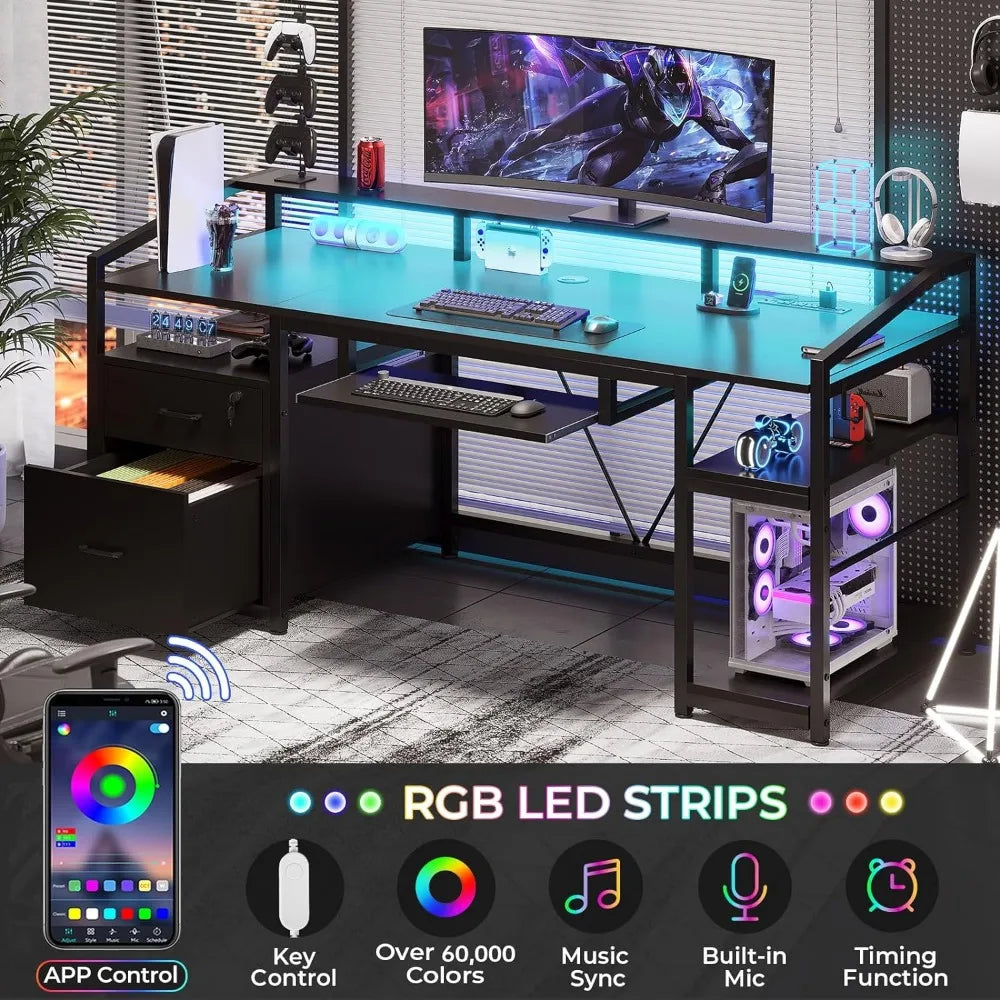 63" Computer Desk, Office Desk with Lockable Drawers for Legal/Letter File, Gaming Desk with LED Lights & Power Outlet