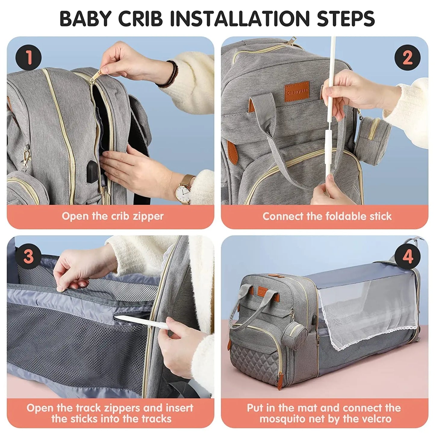 3 In 1 Diaper Bag Backpack Foldable Baby Bed Waterproof Travel Bag with USB Charger