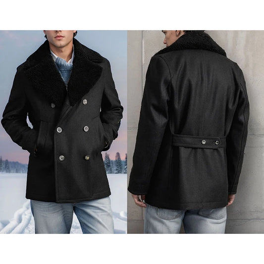 Stylish Men's Wool Pea Coat with Contrast Color Detail, Double Breasted Design and Warm Long Sleeves - Perfect Winter Cardigan