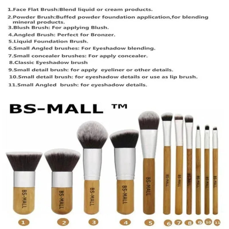 11Pcs Bamboo Makeup Brush Set, Synthetic Kabuki Brush Set With Organizer Bag & Makeup Sponge