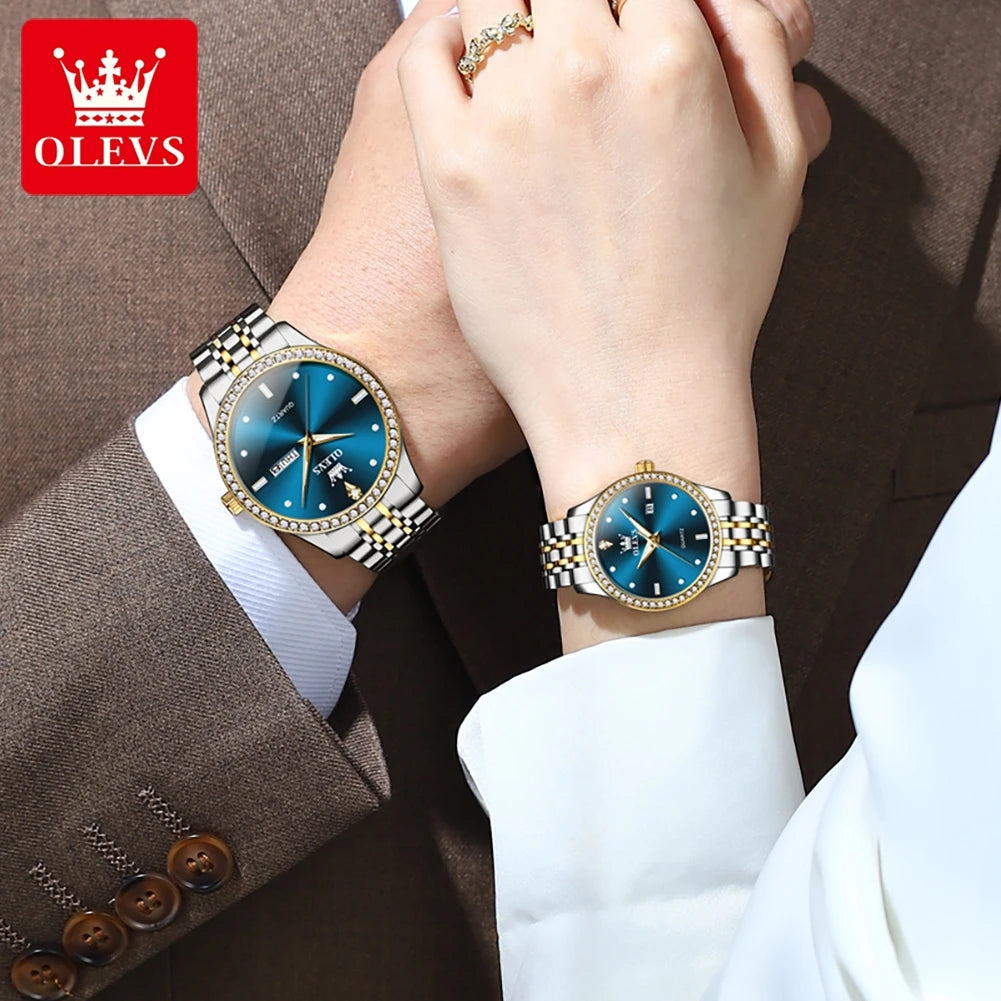 OLEVS Couple Watch, Luxury Waterproof Stainless Steel Watch. Elegant Dress His or Her Diamond Quartz Couple Watch