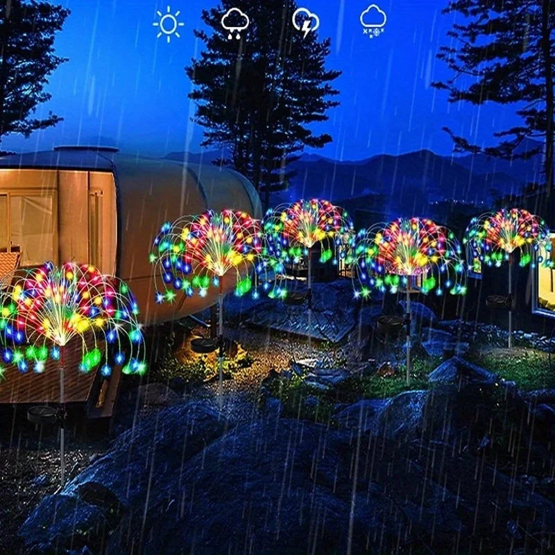 Solar Fireworks Garden Lights Outdoor Waterproof, 2 Pcs 200 LED Solar Starburst Sparkler Lights Decorative with 8 Lighting Modes