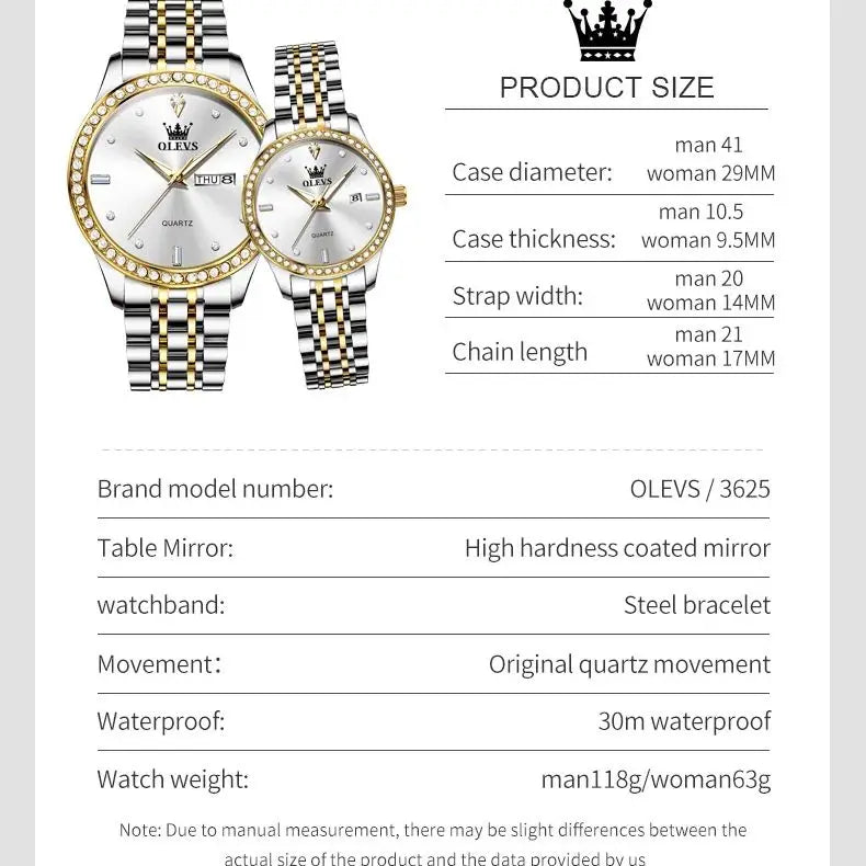 OLEVS Couple Watch, Luxury Waterproof Stainless Steel Watch. Elegant Dress His or Her Diamond Quartz Couple Watch