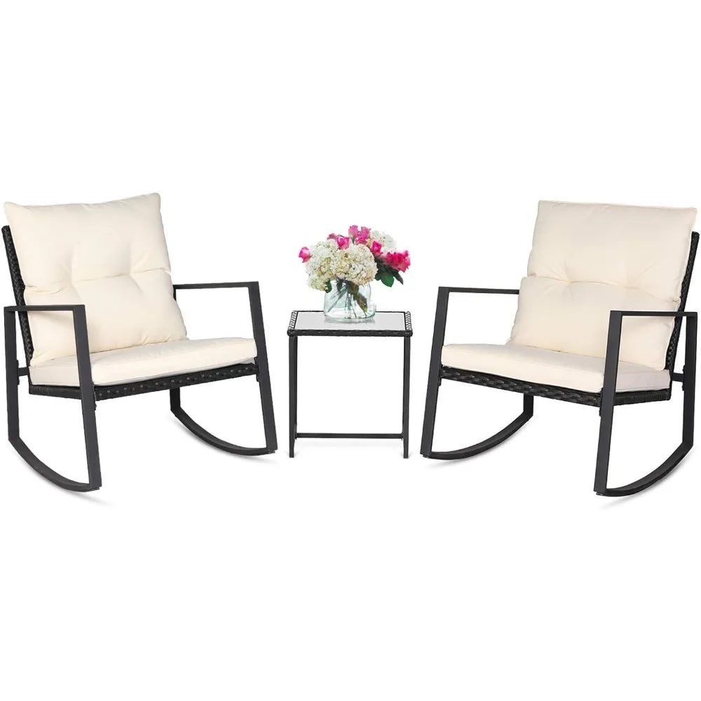 SUNCROWN 3 Piece Outdoor Rocking Bistro Set, Black Wicker Furniture Porch Chairs with Glass Coffee Table