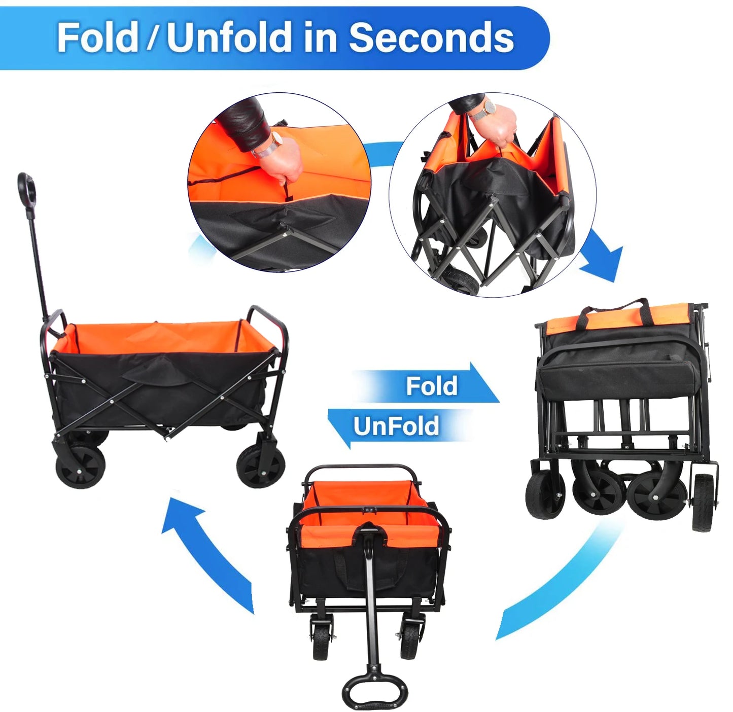 Large Capacity Folding Wagon, Pull Trolley Collapsible Folding Outdoor Portable Utility Cart