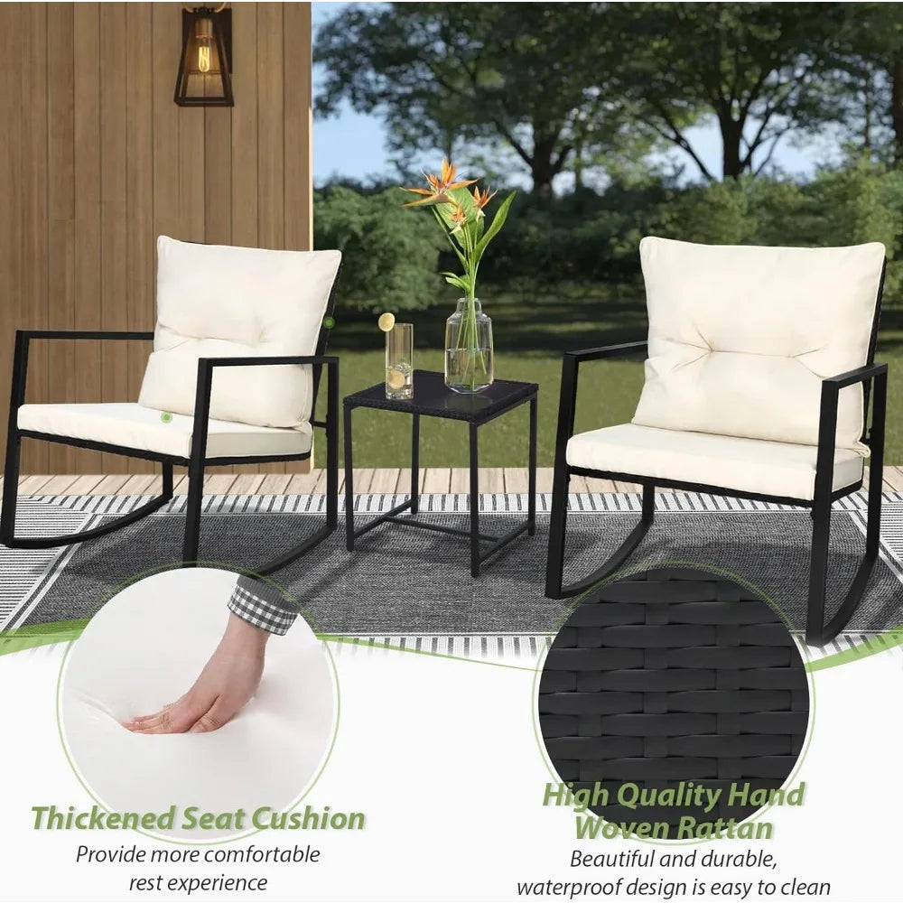 SUNCROWN 3 Piece Outdoor Rocking Bistro Set, Black Wicker Furniture Porch Chairs with Glass Coffee Table