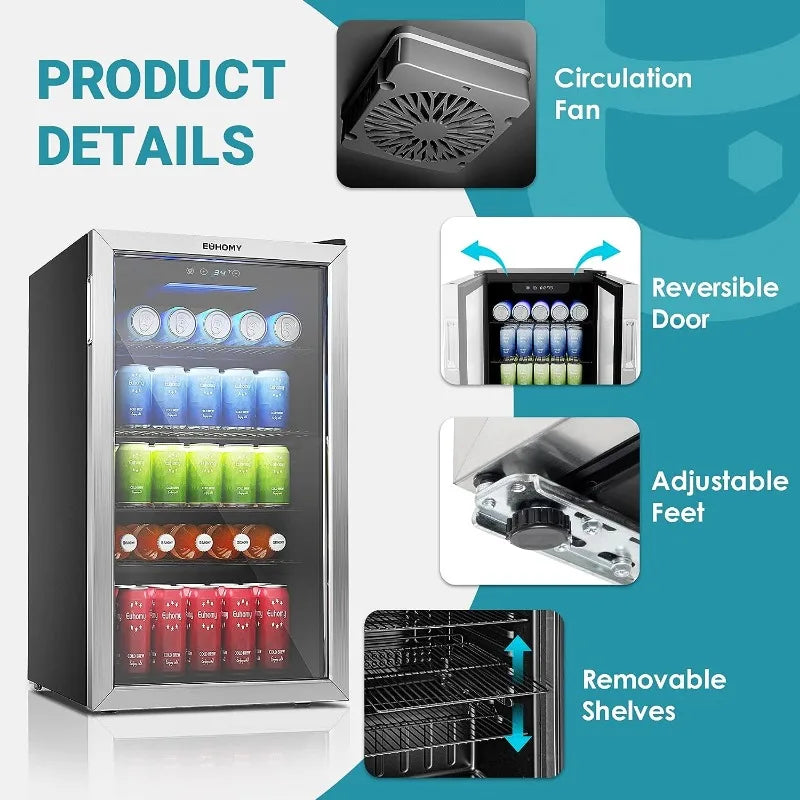 Beverage Refrigerator and Cooler, 126 Can Mini fridge with Glass Door, with Adjustable Shelves