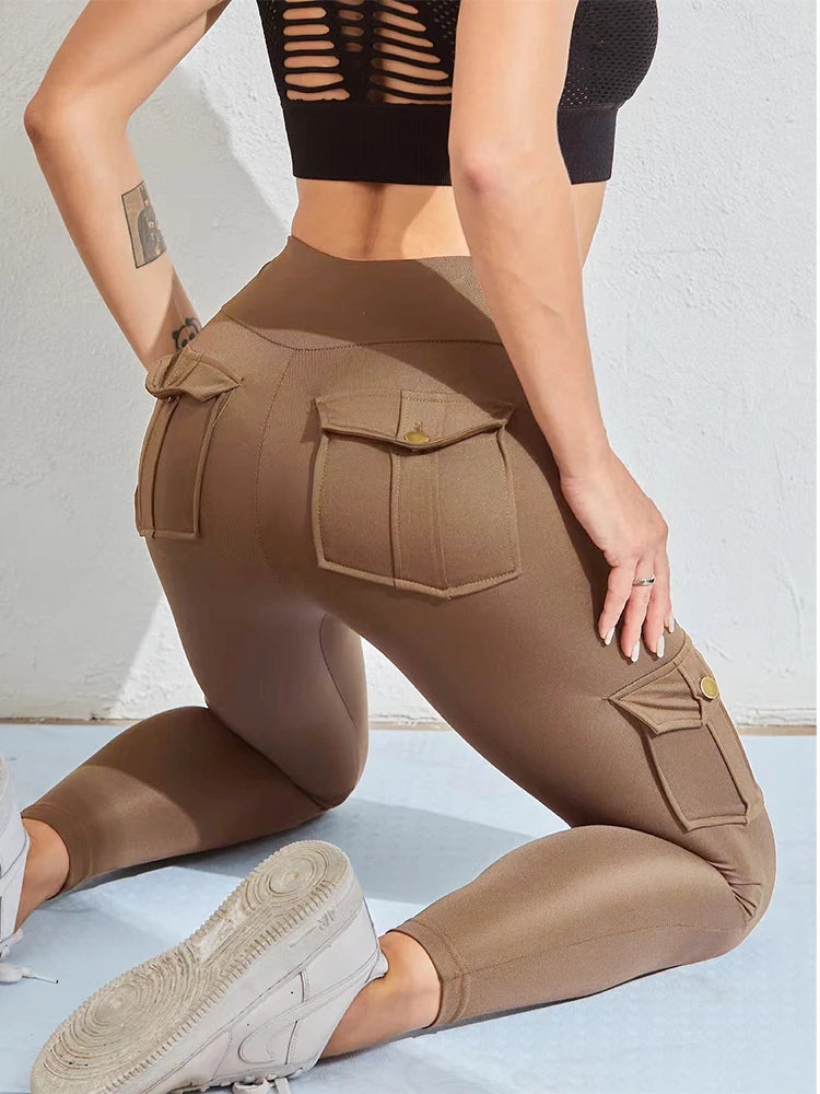 Cargo Wind Fitness Pants With Pocket, Stretch High Waist