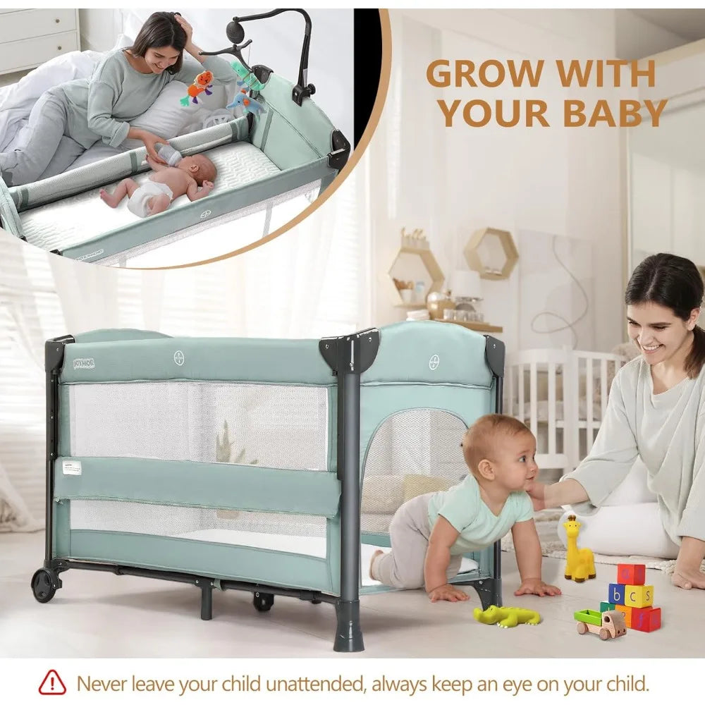 3 in 1 Baby Bed Side Sleeper with Mattress and Sheet, Convert to Bassinet, Playpen, Foldable Travel Bassinet Bed