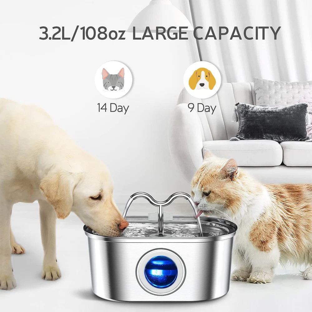 108oz/3.2L Water Stainless Steel Pets Dispenser With LED Light Silent Pump Automatic Fountain Drinking Bowl