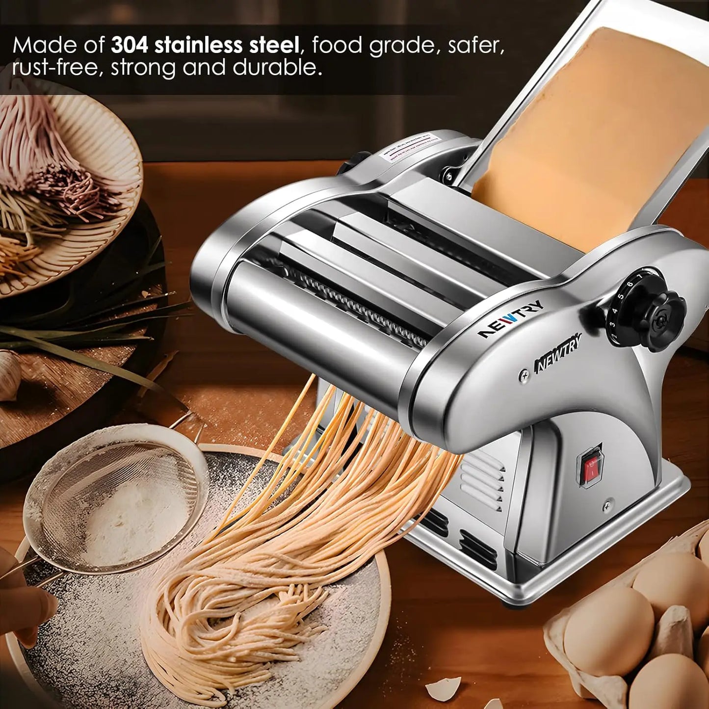 Electric Pasta Noodle Maker, Dough Roller, Cutter Thickness Adjustable Stainless Steel US 110V