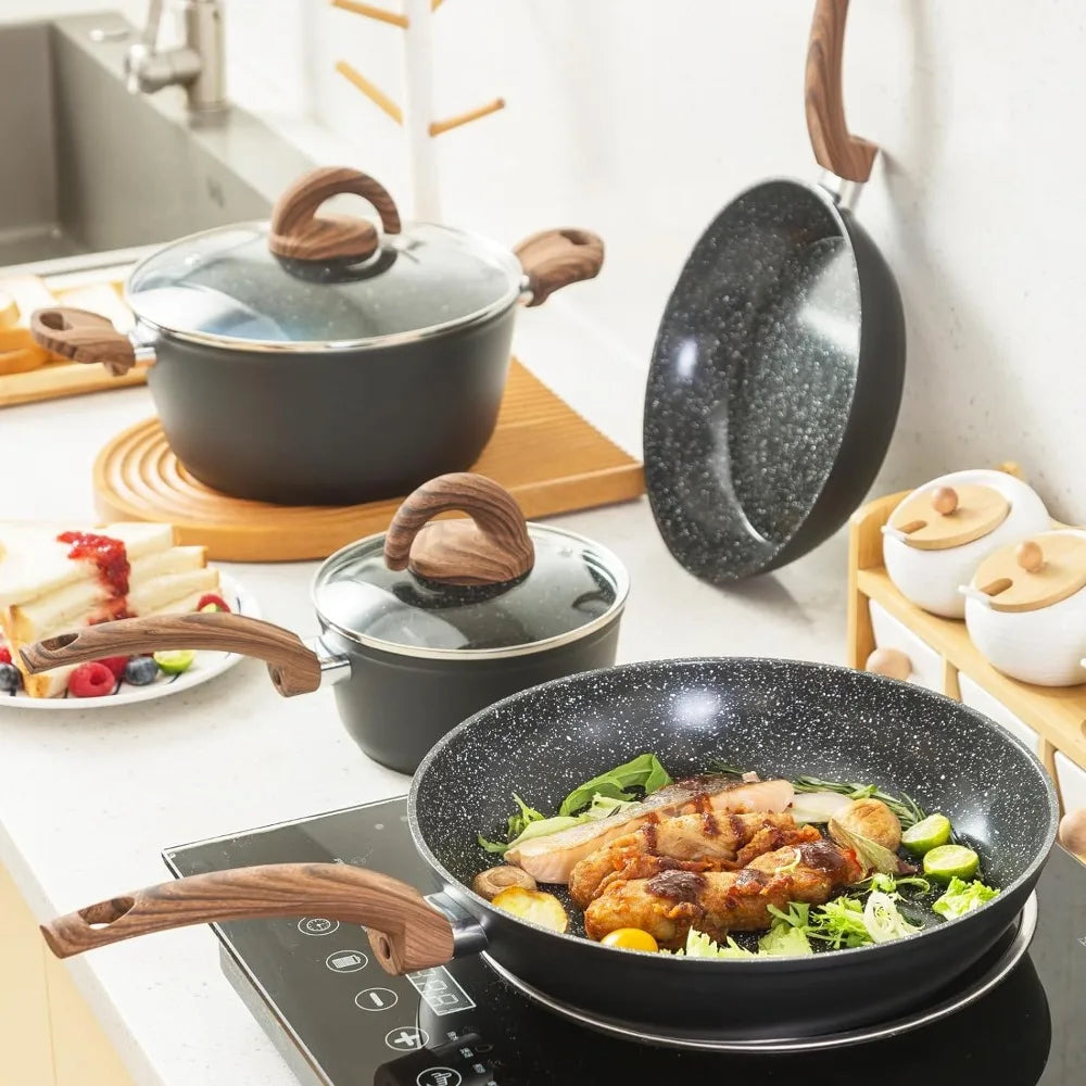 Pots and Pans Set Non Stick, Ceramic Cookware Set, Induction Granite Pot and Pan w/Frying Pans and Saucepans