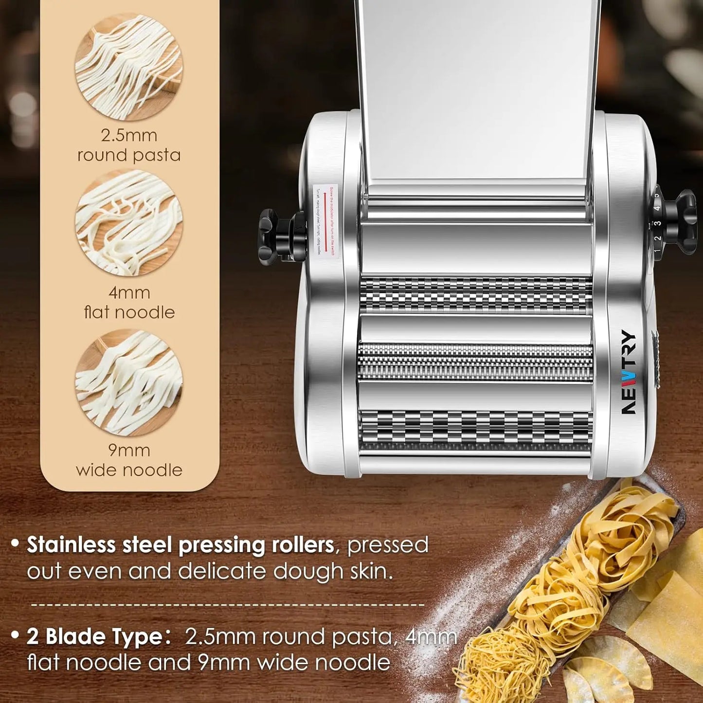 Electric Pasta Noodle Maker, Dough Roller, Cutter Thickness Adjustable Stainless Steel US 110V