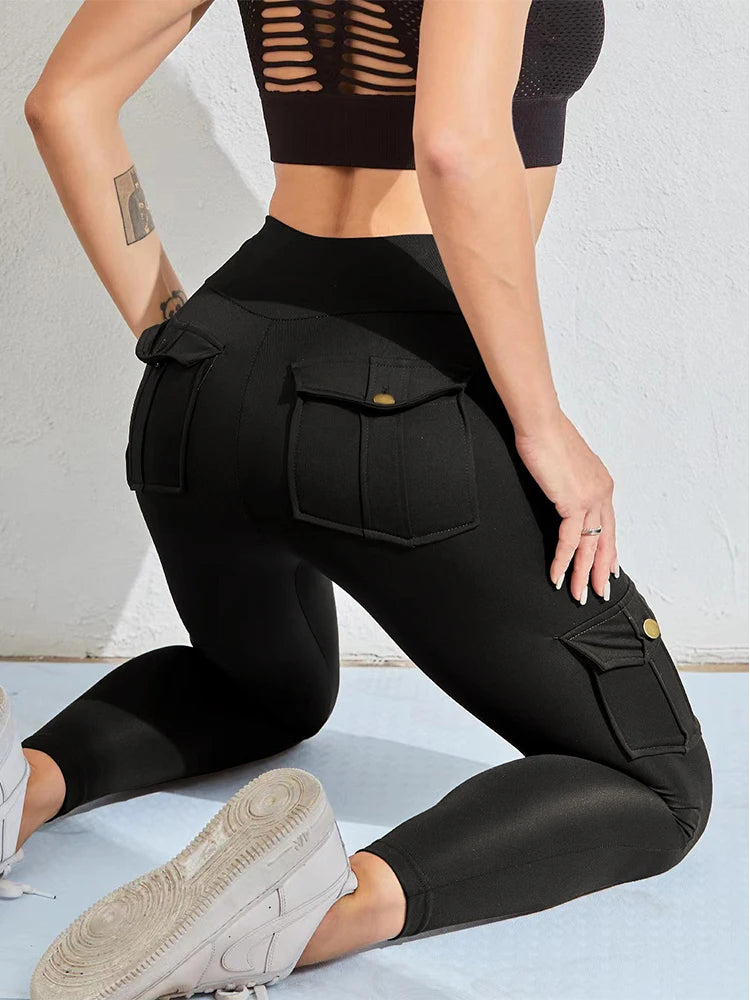 Cargo Wind Fitness Pants With Pocket, Stretch High Waist