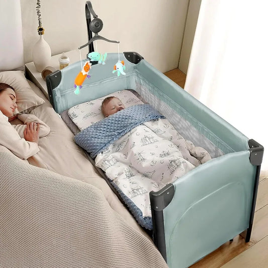 3 in 1 Baby Bed Side Sleeper with Mattress and Sheet, Convert to Bassinet, Playpen, Foldable Travel Bassinet Bed