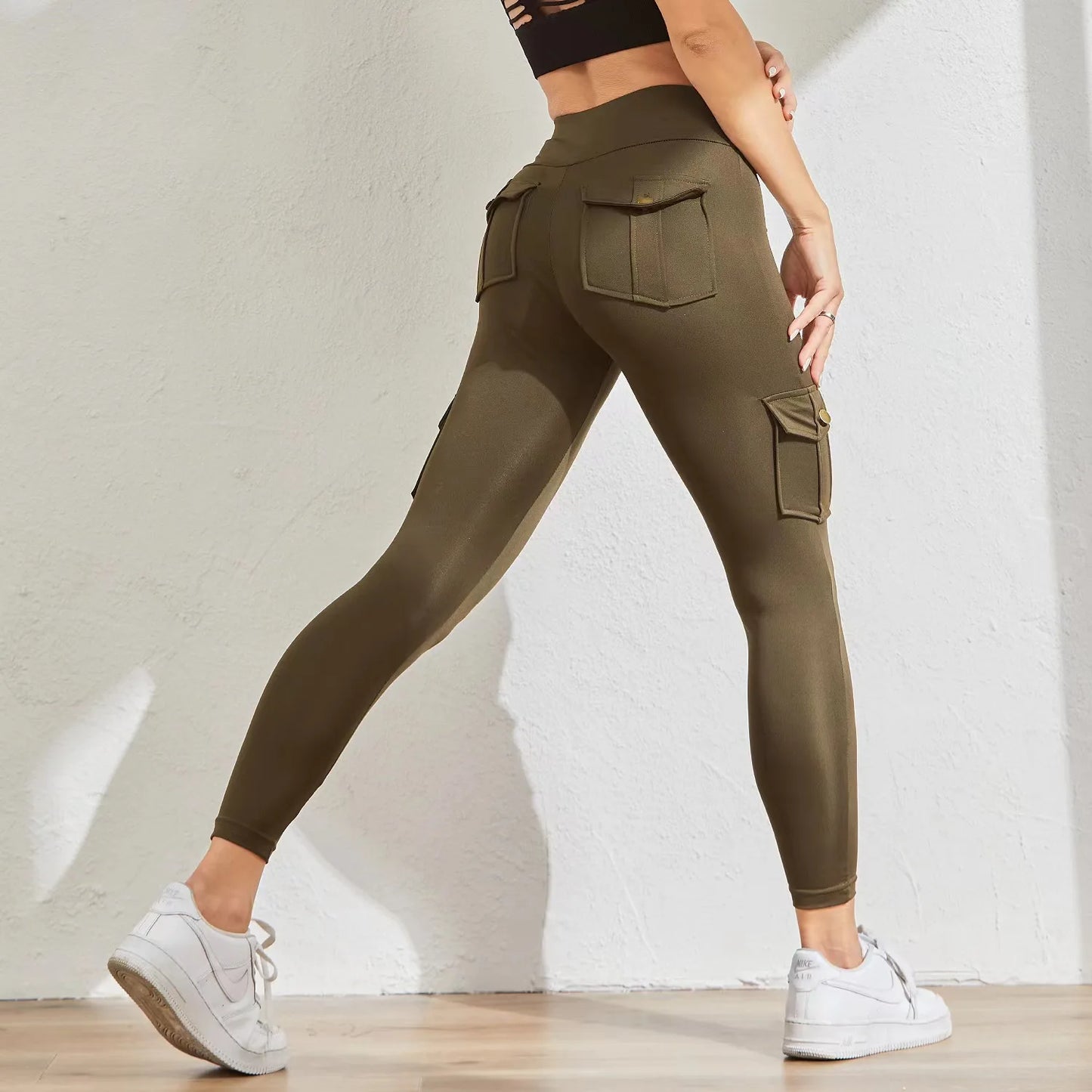 Cargo Wind Fitness Pants With Pocket, Stretch High Waist