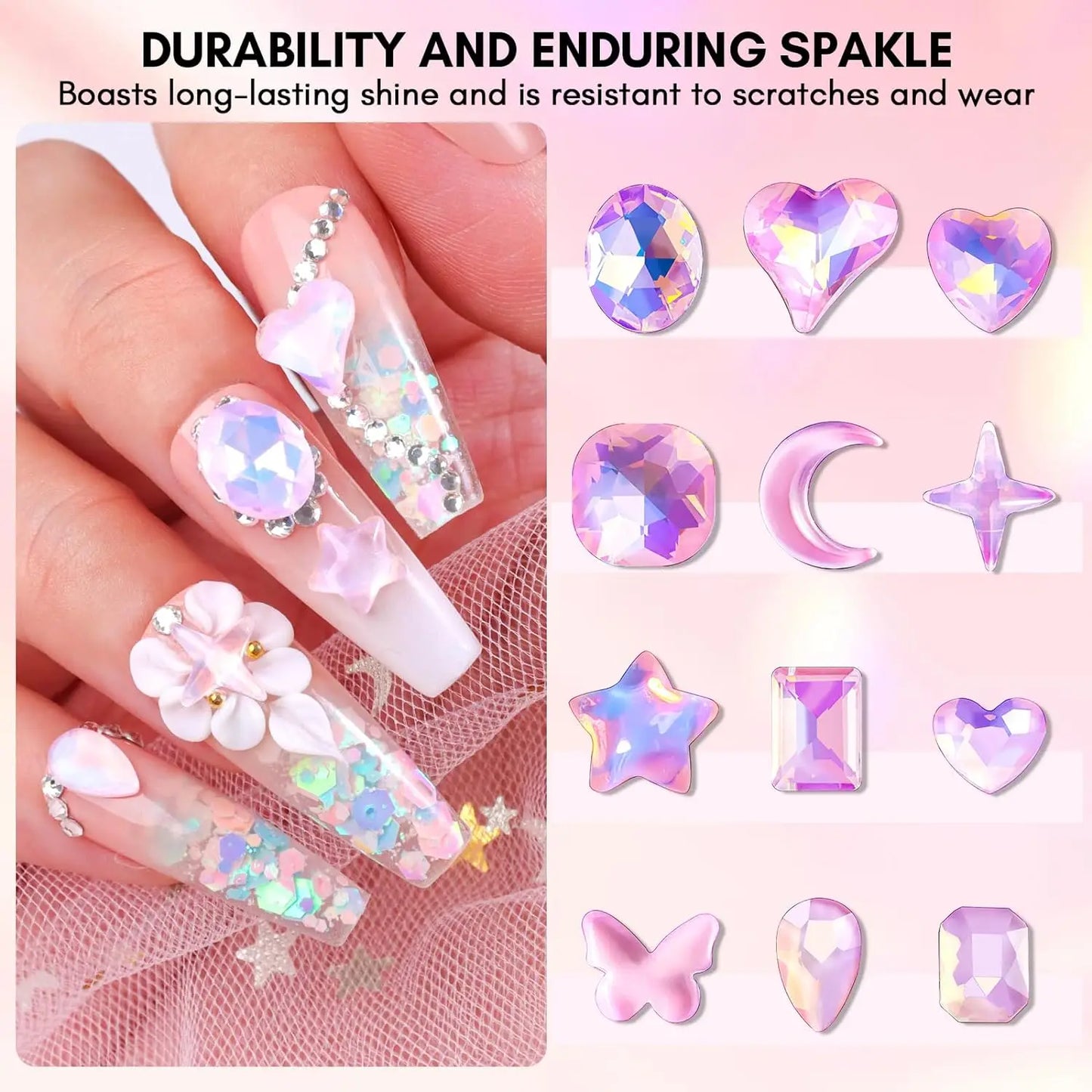 Nail Charms Rhinestone Glue Kit 15ml Gel Nail Glue with 100PCS Pink Rhinestone Gems 3D Nail Art Decor with Tweezer