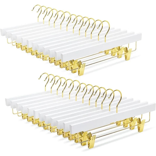 24 Pack White Wooden Pants Hangers with Hook