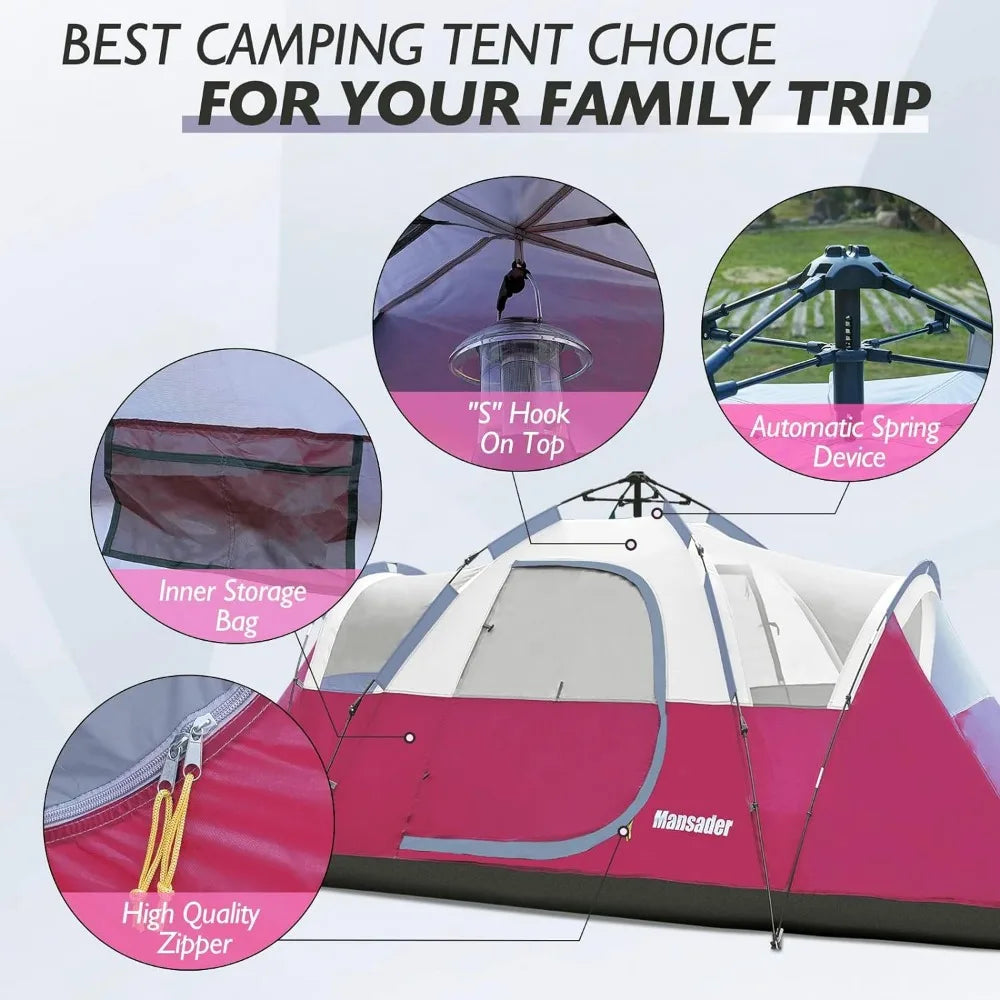 6 Person Family Camping Tent, Waterproof Windproof with Top Rainfly, Easy Set Up