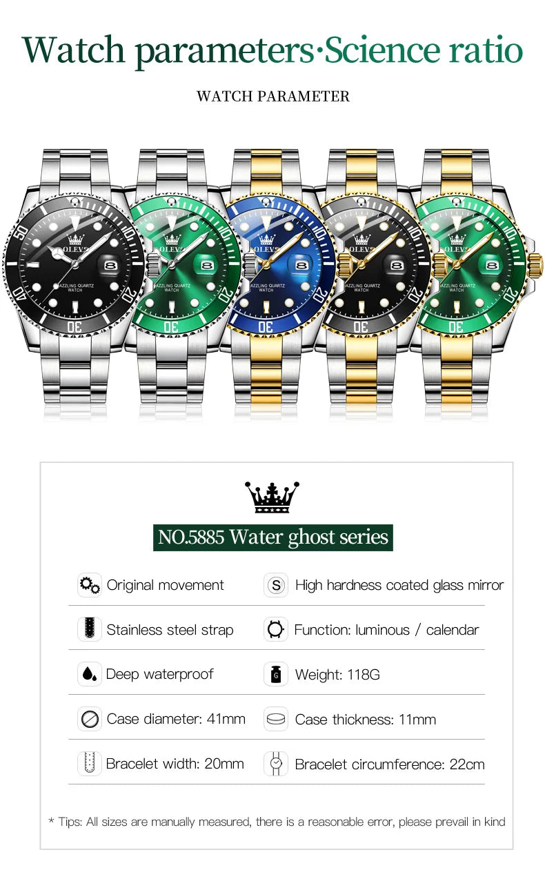 Quartz Watch for Men Diver Green Waterproof