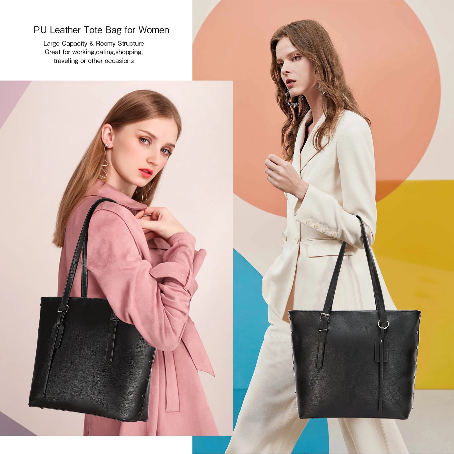 PU Leather Large Shoulder Bag, Top Handle Satchel Purses 2Pcs Set