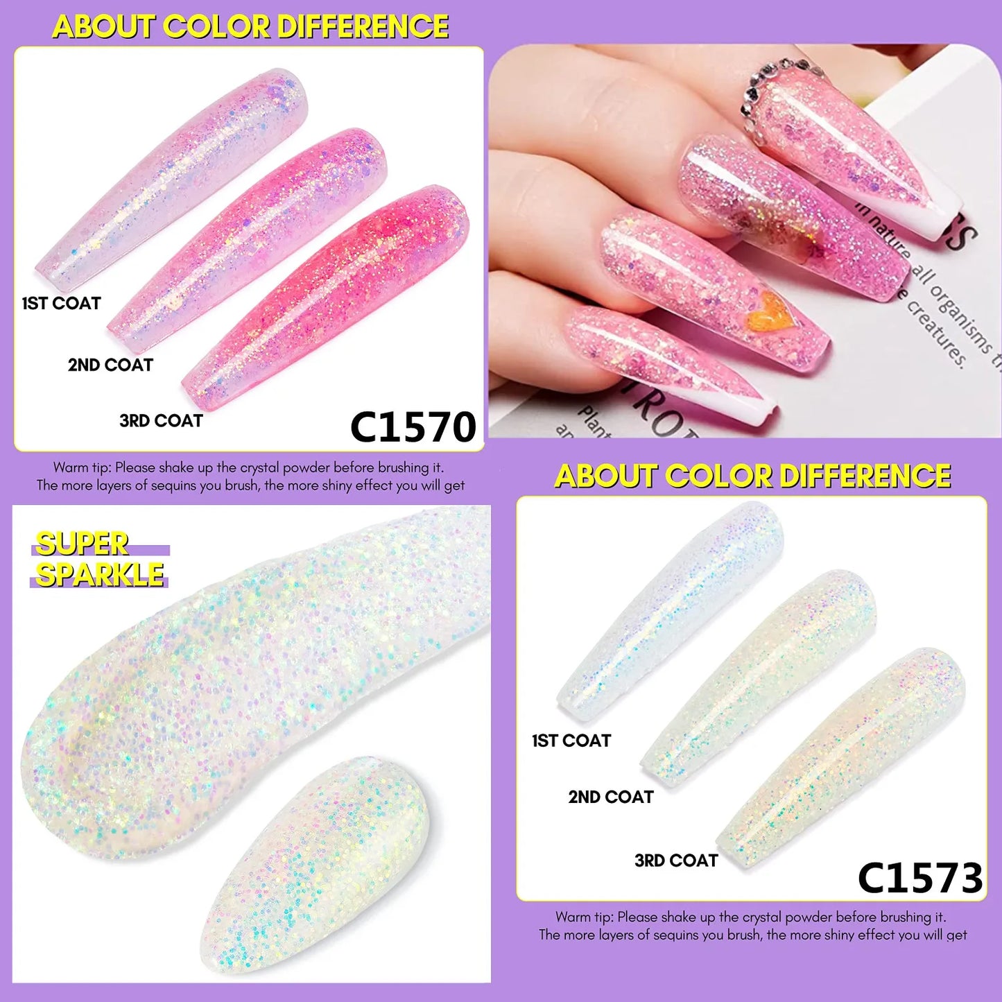 Glitter Acrylic Powder 2Oz DIY Nail Art For Beginner For Nail Extension Carving Salon At Home No Nail Lamp Needed