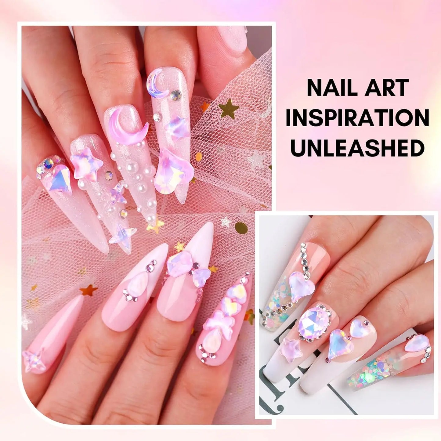 Nail Charms Rhinestone Glue Kit 15ml Gel Nail Glue with 100PCS Pink Rhinestone Gems 3D Nail Art Decor with Tweezer