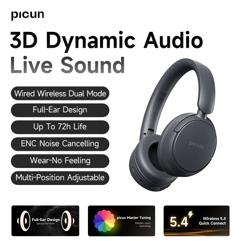 Wireless Headphones Bluetooth 5.4 HIFI Headset, 40MM 3D Sound ENC HD Mic 72H Foldable Wired Headphone Dual Connection