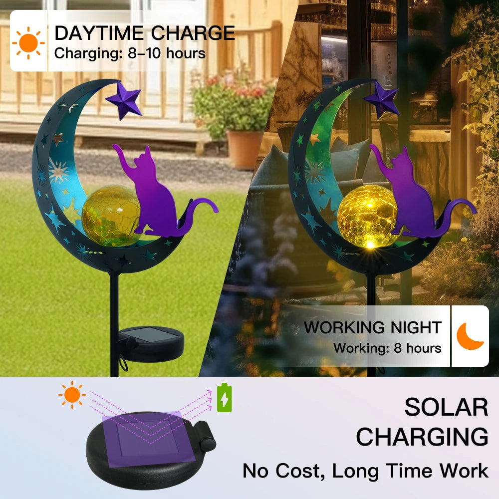 Putuo Decor Solar Powered Outdoor Iron Cat on the Moon Lamp Lights Rechargeable Battery,Ground Stake for Home Garden Backyard