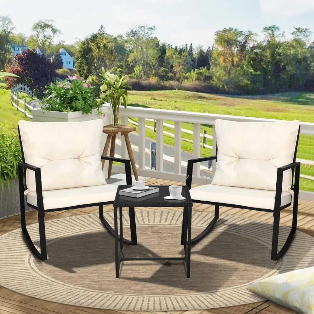 SUNCROWN 3 Piece Outdoor Rocking Bistro Set, Black Wicker Furniture Porch Chairs with Glass Coffee Table