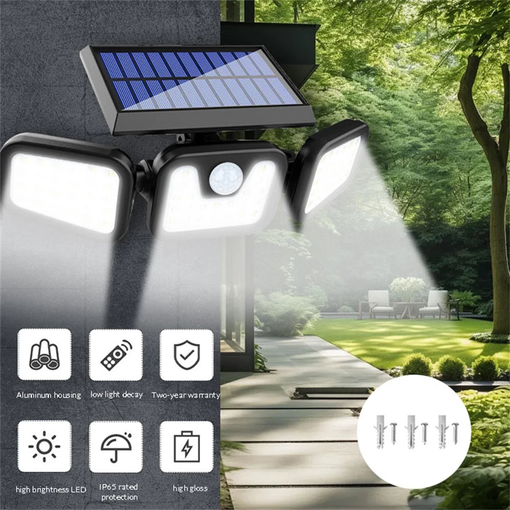 74 LED Solar Wall Lamp 3Head Luminous PIR Motion Sensor Wall Flood Light Outdoor, Waterproof Garden Courtyard Security Light