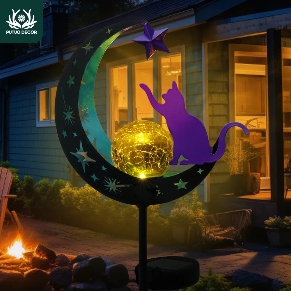 Putuo Decor Solar Powered Outdoor Iron Cat on the Moon Lamp Lights Rechargeable Battery,Ground Stake for Home Garden Backyard