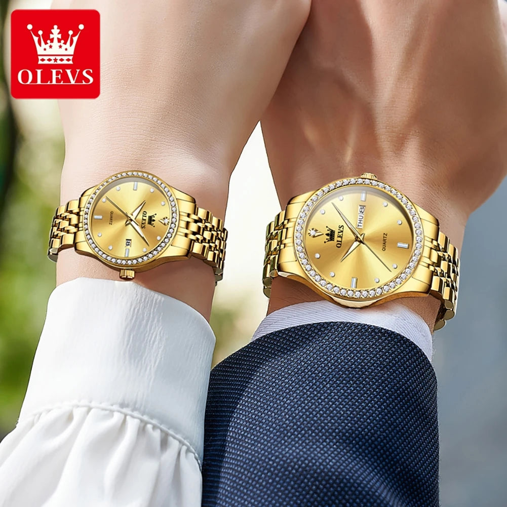 OLEVS Couple Watch, Luxury Waterproof Stainless Steel Watch. Elegant Dress His or Her Diamond Quartz Couple Watch