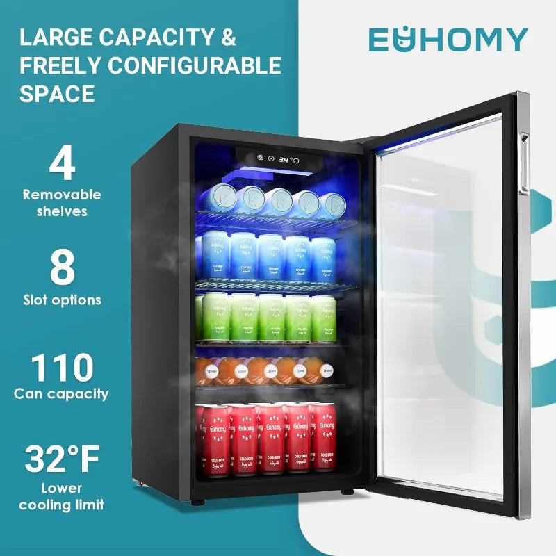 Beverage Refrigerator and Cooler, 126 Can Mini fridge with Glass Door, with Adjustable Shelves