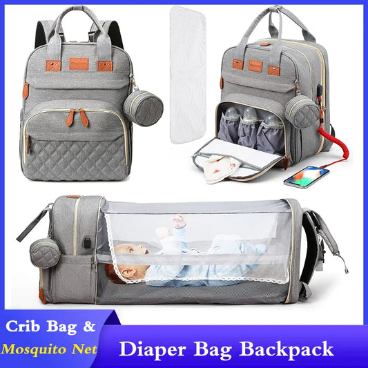 3 In 1 Diaper Bag Backpack Foldable Baby Bed Waterproof Travel Bag with USB Charger