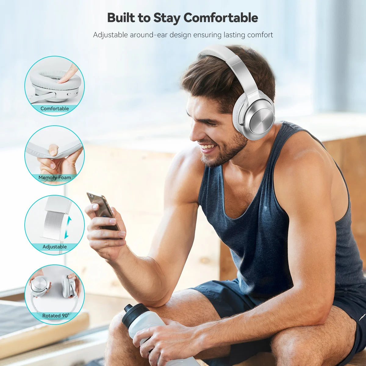 Active Noise Cancelling Wireless Headphones Over Ear with Mic BT 5.3 HiFi Stereo Headset Deep Bass