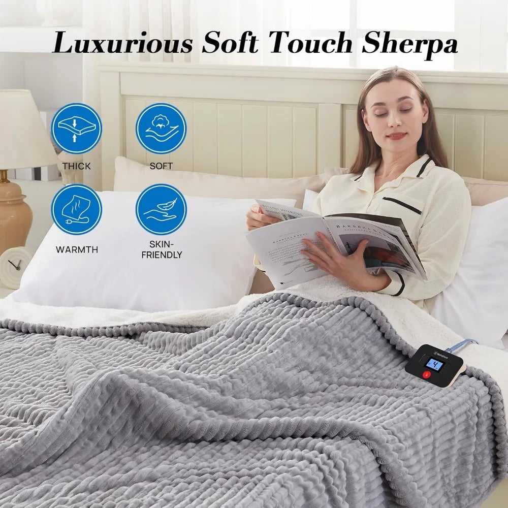 Electric Blanket Queen Size, Soft Flannel Heated Blanket with Dual Control. 10 Heating Settings & 1-12 Hours Auto Shut Off,