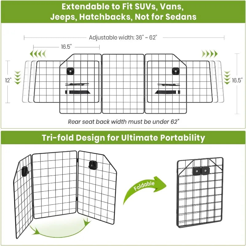 Car Dog Barrier, Pet Trunk Barrier, Vehicle Divider Mesh Gate on Backseat - Adjustable for Universal Fit, Portable Folding