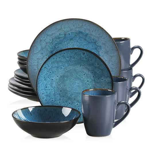 VANCASSO BUBBLE 16/32/48-Piece Tableware Set, Vintage Ceramic Blue/Brown Stoneware Set with Dinner & Dessert Plate, bowl, Coffee Cups