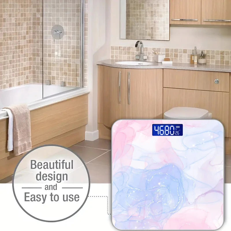 Pink Smart home scale for weight measurement, digital bathroom scale, LCD display, beautiful pattern with temperature display